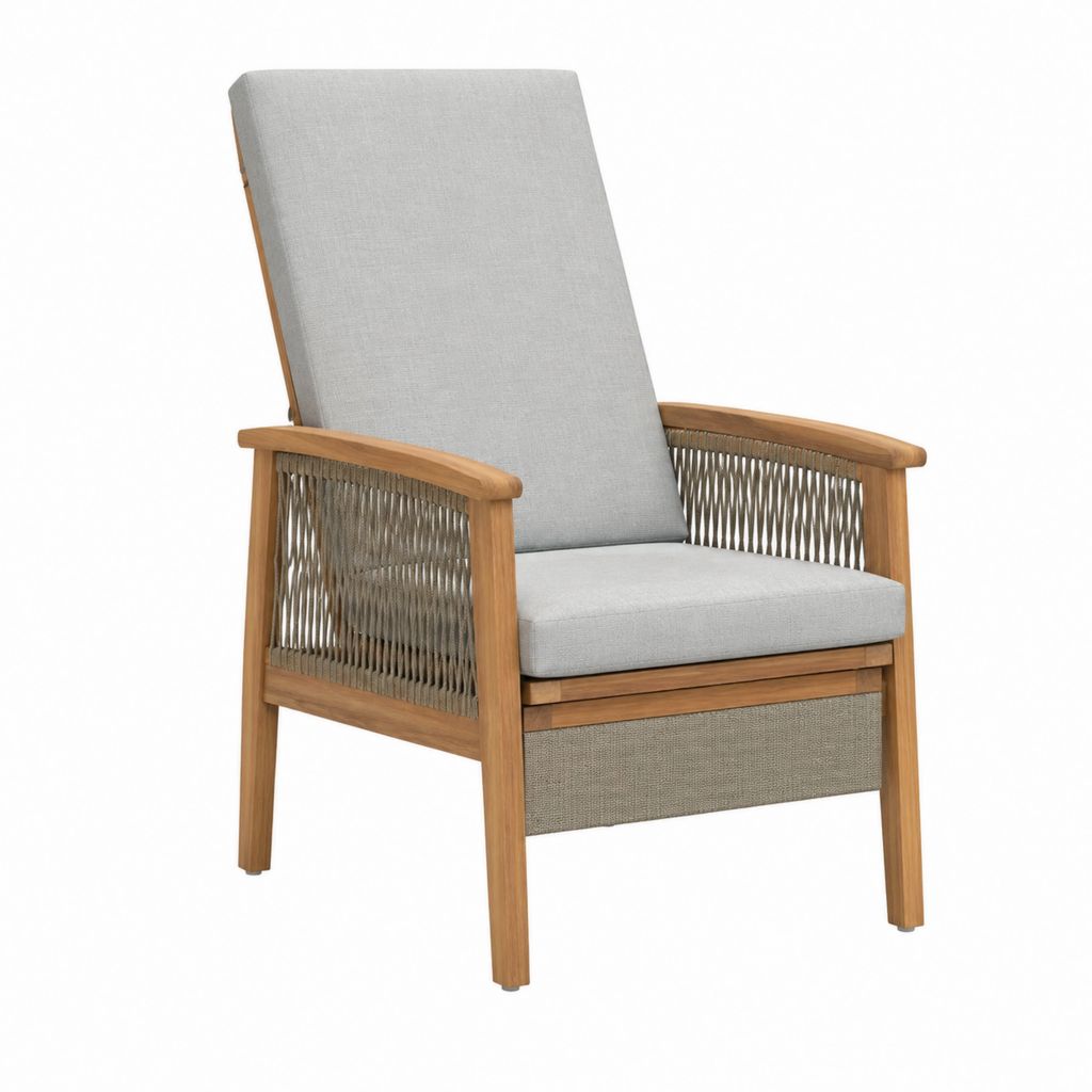 Garten-Relaxsessel aus Teak-Massivholz mit Polyesterseilgeflecht hellgrau 68 x 80 x 105 cm