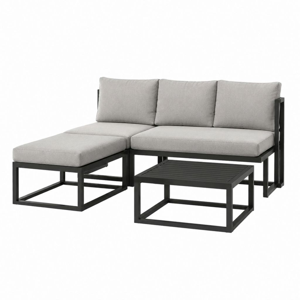 Gartenlounge Set Grau Aluminium mit L-förmigem 2-Sitzer Sofa Chaiselongue und Couchtisch 196 x 130 cm