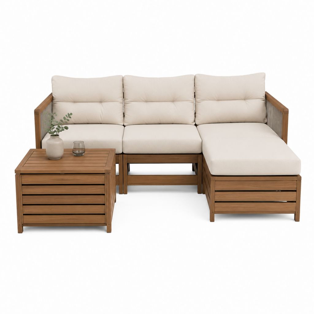 3-teiliges Gartenlounge Set aus Akazienholz in Natur Beige L-Form mit Chaiselongue 215 x 145 x 65 cm