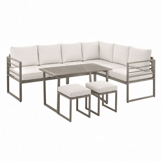 Gartenlounge Set Ecksofa mit Tisch und 2 Hockern Creme Stahl 215 x 215 x 75 cm