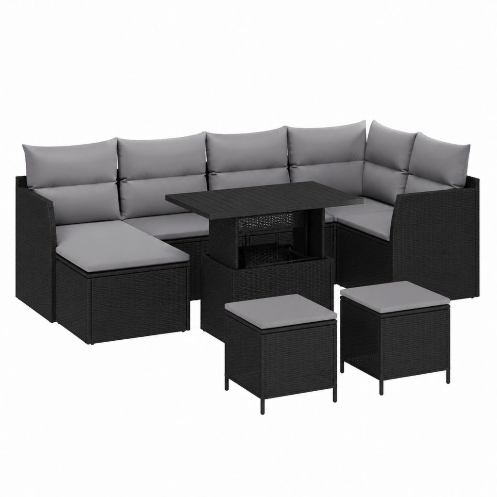 7-teiliges Gartensofa Set Schwarz Grau aus PE-Rattan mit Esstisch 190 x 190 cm