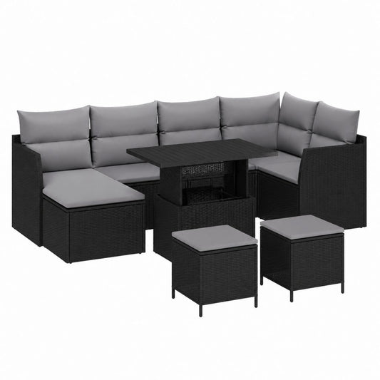 7-teiliges Gartensofa Set Schwarz Grau aus PE-Rattan mit Esstisch 190 x 190 cm