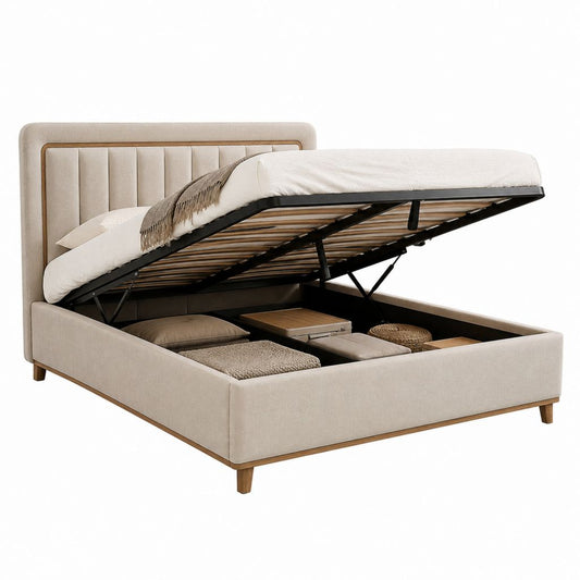 Stauraumbett Polsterbett Beige Polyester rechteckig mit Gasdruckfeder und Lattenrost 160 x 200 cm