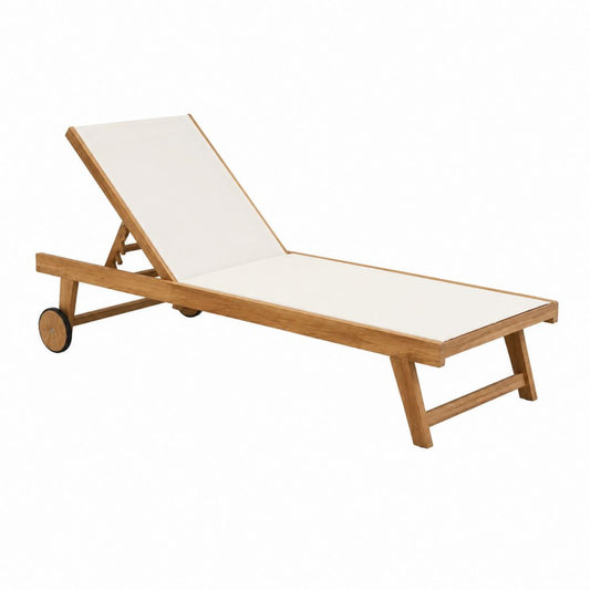 Gartenliege mit Rollen aus massivem Teakholz und weißem Polyestergewebe rechteckig 200 x 65 x 35 cm