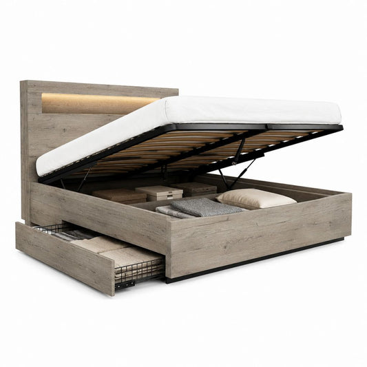 Stauraumbett Bettgestell mit Bettkasten Schublade und LED-Leiste Eiche-Grau aus Spanplatte rechteckig 180 x 200 cm