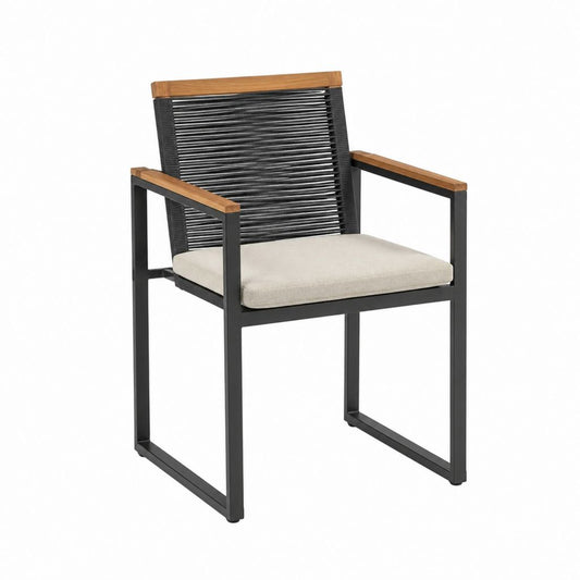 Gartenstuhl mit Armlehnen Schwarz Akazienholz PE-Geflecht Beige 60 x 56 x 84 cm