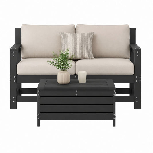 2-Sitzer Gartensofa Set Schwarz Stahl mit beigen Polyesterkissen und Couchtisch 124 x 70 x 76 cm
