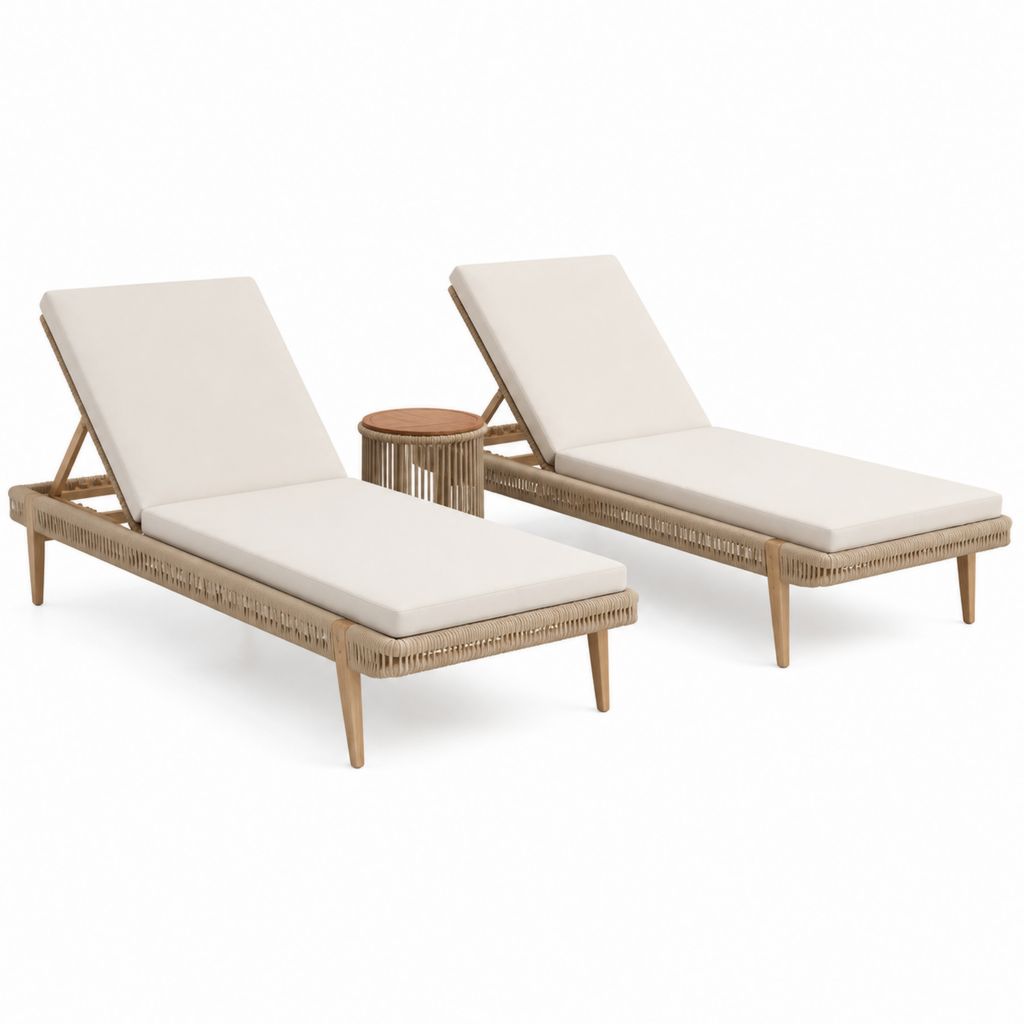 2er Set Gartenliegen mit Beistelltisch Beige Akazien-Massivholz Polypropylen-Seilgeflecht Rechteckig 200 x 70 x 35 cm