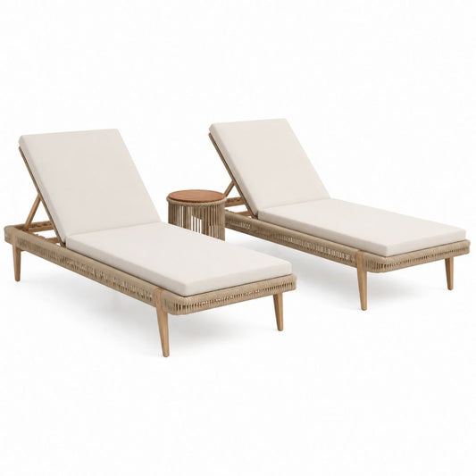 2er Set Gartenliegen mit Beistelltisch Beige Akazien-Massivholz Polypropylen-Seilgeflecht Rechteckig 200 x 70 x 35 cm