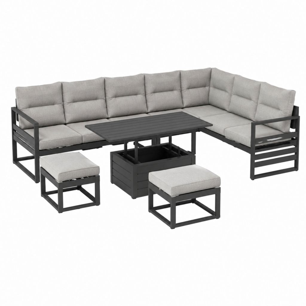 Gartenlounge Set Ecksofa Grau mit Stahltisch und 2 Hockern 240 x 180 cm