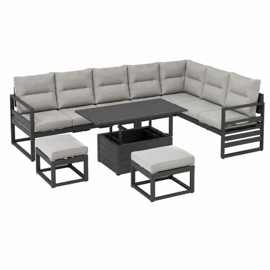 Gartenlounge Set Ecksofa Grau mit Stahltisch und 2 Hockern 240 x 180 cm