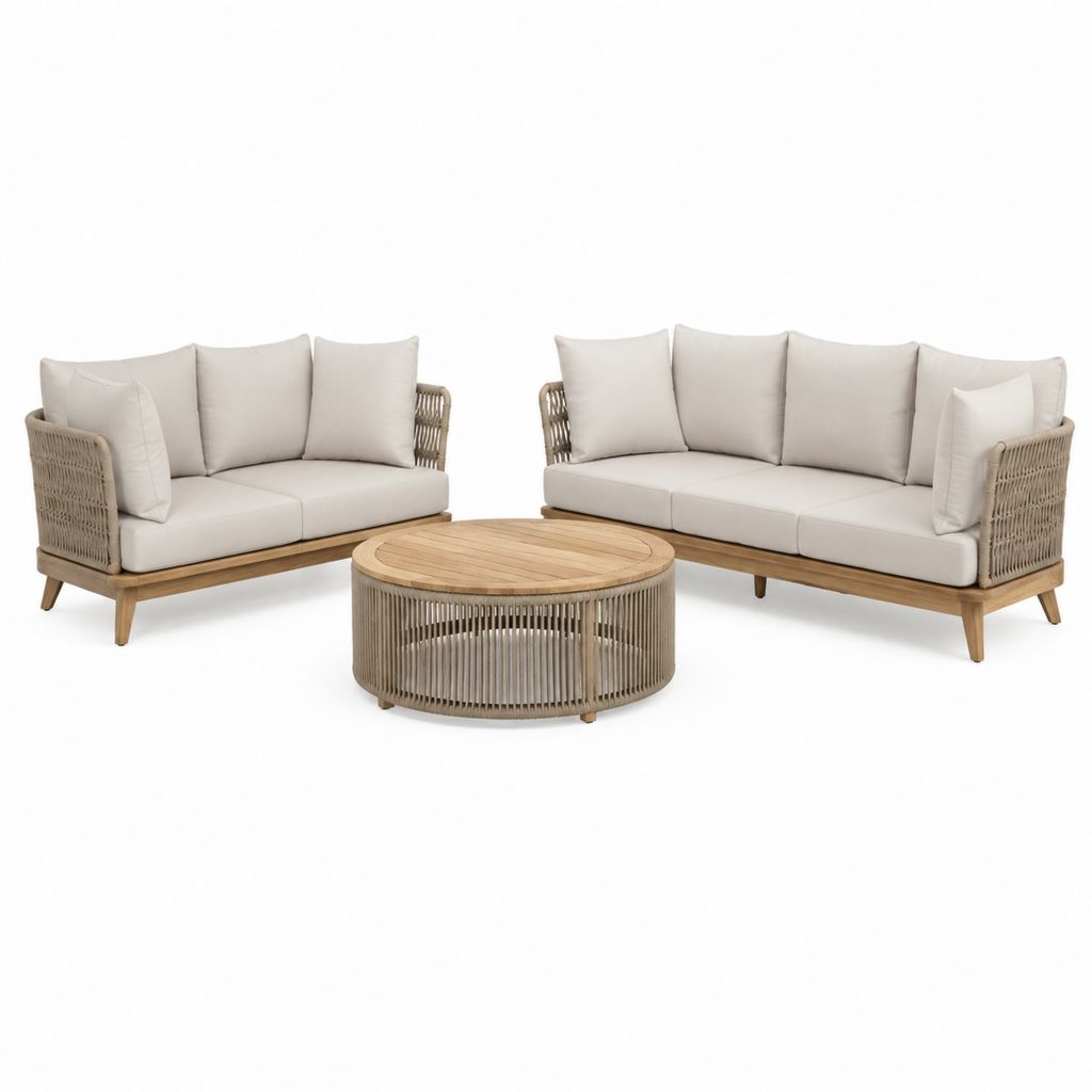 Gartenlounge Set 3-teilig Natur Beige aus Akazienholz und Polypropylen-Seilgeflecht mit 2-Sitzer 3-Sitzer und rundem Couchtisch