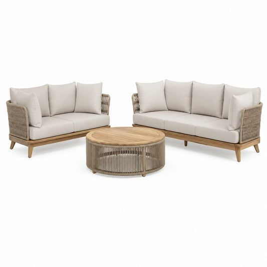 Gartenlounge Set 3-teilig Natur Beige aus Akazienholz und Polypropylen-Seilgeflecht mit 2-Sitzer 3-Sitzer und rundem Couchtisch
