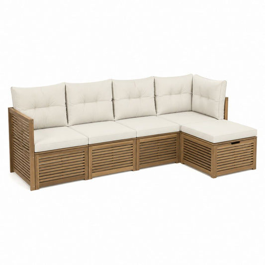 4-teiliges Gartensofa Ecksofa beige aus massivem Akazienholz mit Polyesterpolstern 225 x 140 x 75 cm