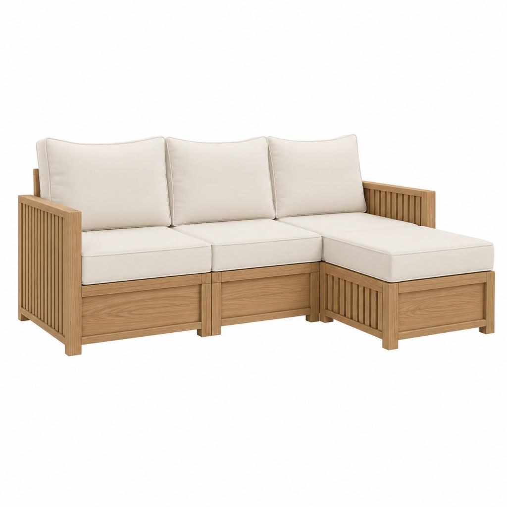 3-teiliges Garten-Loungesofa Ecksofa in L-Form Natur Beige aus Akazienholz und Polyester 210 x 140 x 75 cm
